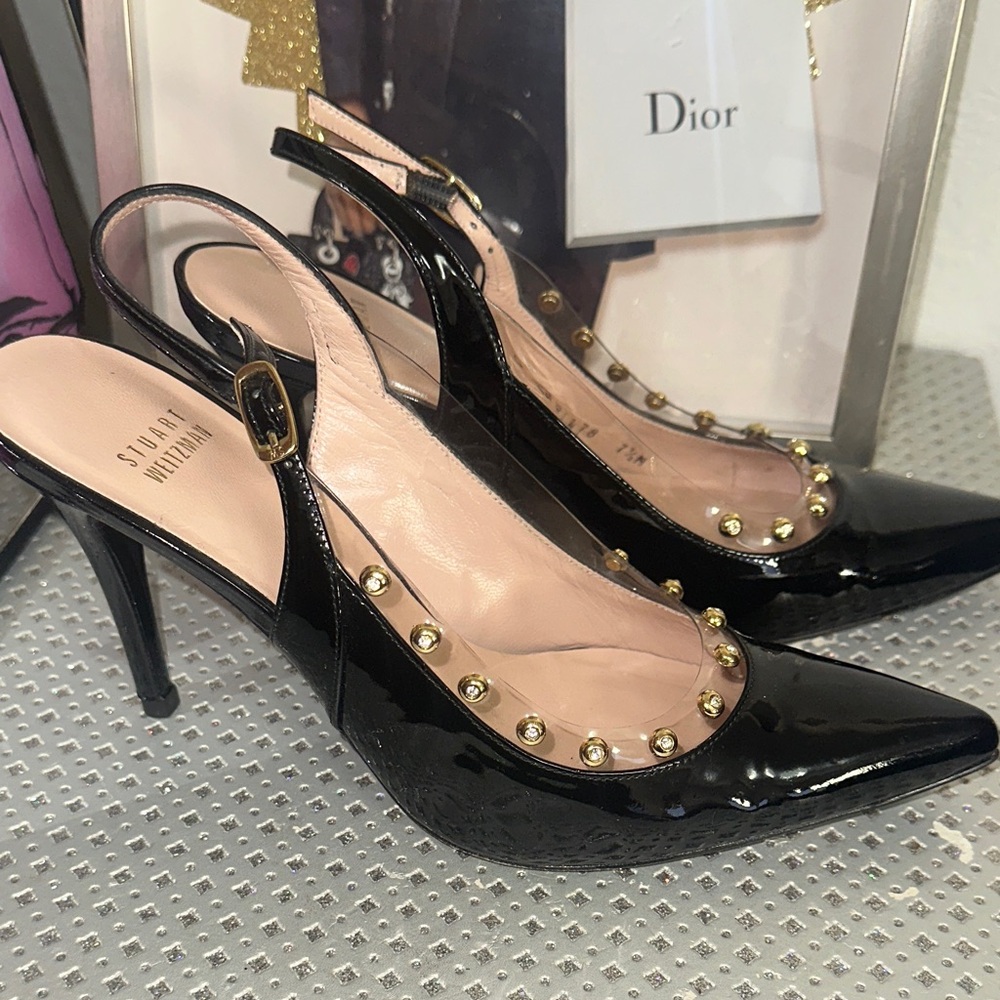 Stuart Weitzman Black and Gold Studded Heels - Picture 7 of 12